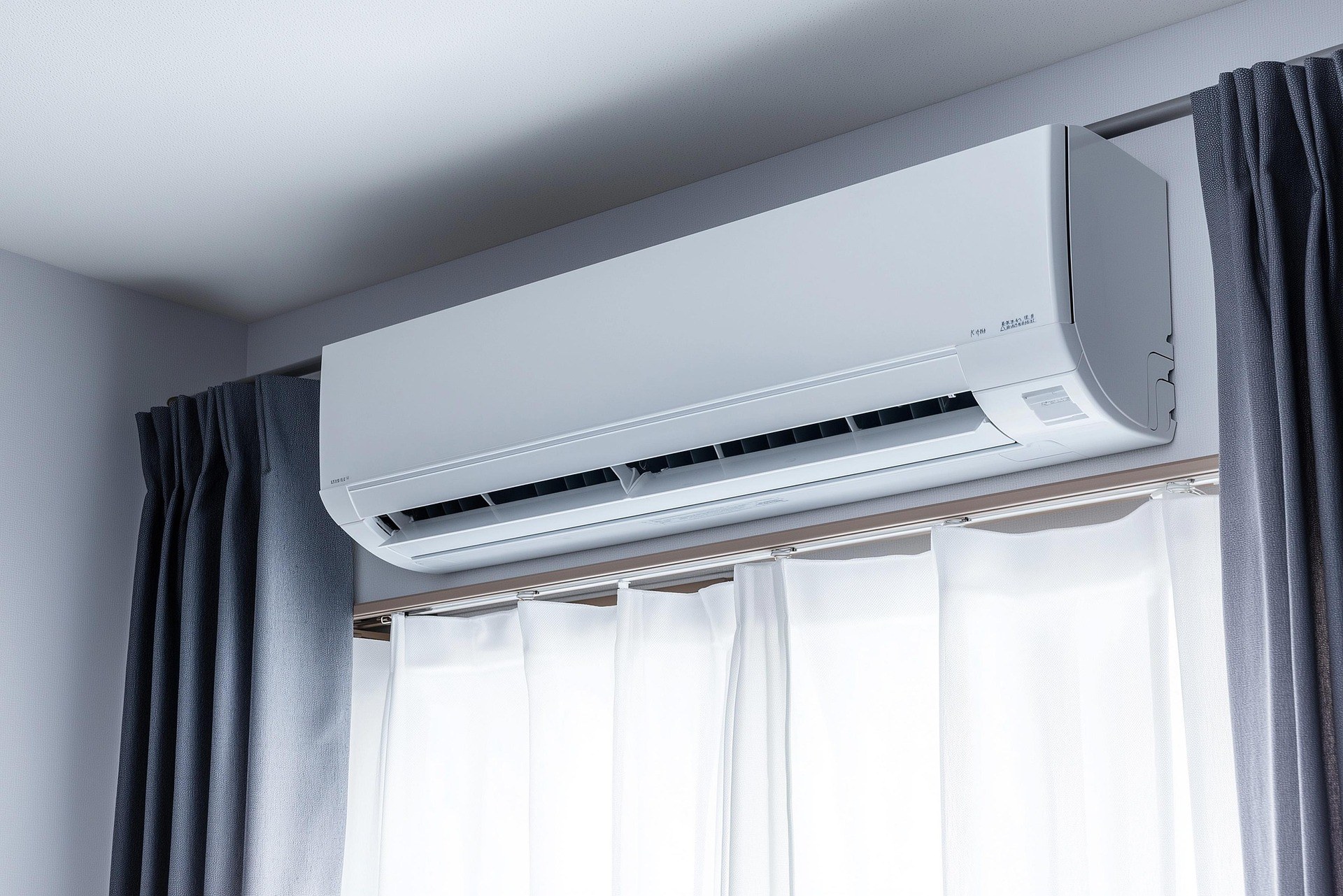 Indoor wall-mounted air-conditioning unit above a window