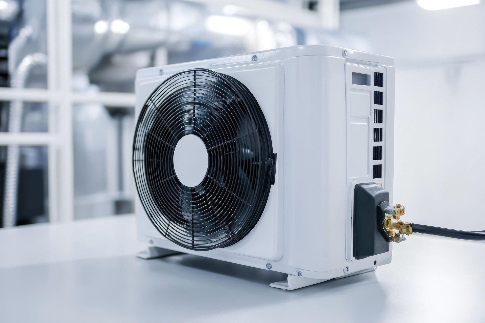 Close-up of an outdoor air-conditioning unit fan